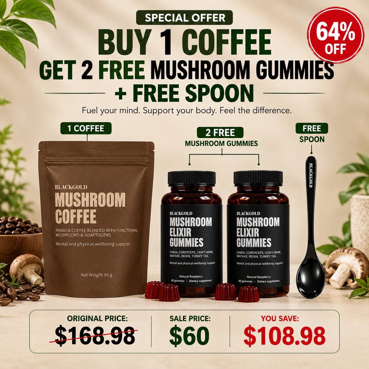 Blackgold Coffee + 2 Free Mushroom Gummies + Free Spoon